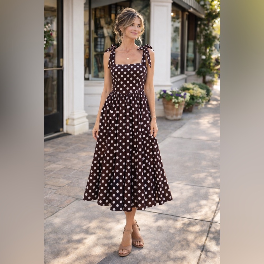 Boutique Polka Dot Midi Dress | Tie Strap Cotton Dress | Lined | NWT | Size M